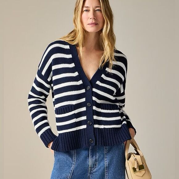 NWT J CREW Heritage cotton relaxed cardigan in stripe in Navy/Ivory - Picture 1 of 6